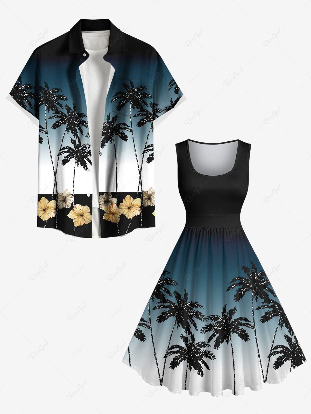 Coconut Tree Flowers Ombre Colorblock Print Plus Size Matching Hawaii Beach Outfit For Couples Noir 