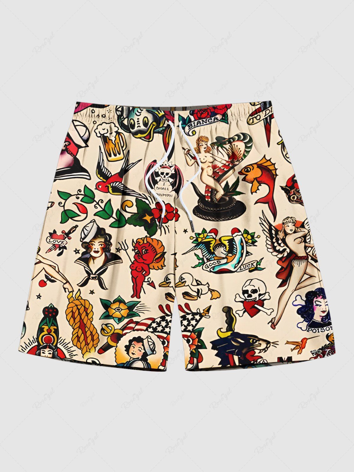 Short de Plage Feuille de Serpent et Fleur Imprimés Grande Taille café lumière 8XL