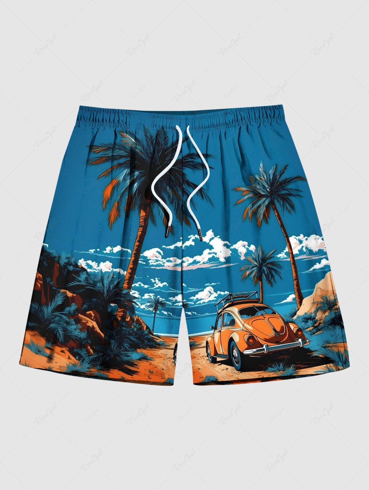 Short de Plage Hawaïen à Imprimé Cocotiers et Paysage Marin Grande-Taille pour Hommes Bleu Ciel 8XL