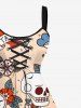 Plus Size Skull Floral Clock Sword Heart Bird Print Hawaii Lace Up A Line Tank Dress -  