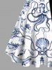 Plus Size Octopus Shell Shark Sailboat Mermaid Coral Lighthouse Cruise Print Hawaii A Line Dress with Removable Belt -  
