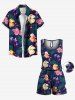 Combinaison hawaïenne grande taille à imprimé floral tropical et feuilles colorées avec cordon de serrage et poches - Bleu profond XXS