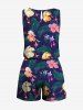 Plus Size Colorful Flower Tropical Leaf Print Hawaii Drawstring Pocket Jumpsuit -  