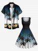 Plus Size Coconut Tree Flowers Ombre Colorblock Print 1950s Vintage Dress -  