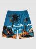 Short de Plage Hawaïen à Imprimé Cocotiers et Paysage Marin Grande-Taille pour Hommes - Bleu Ciel 8XL