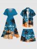 Short de Plage Hawaïen à Imprimé Cocotiers et Paysage Marin Grande-Taille pour Hommes - Bleu Ciel 8XL
