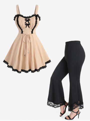 Haut Long Texturé Bicolore avec Nœud Papillon à Taille Haute Grande Taille - CHAMPAGNE