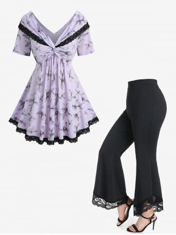 Haut Tordu Fleuri Imprimé Panneau en Dentelle à Taille Haute Grande Taille - PURPLE