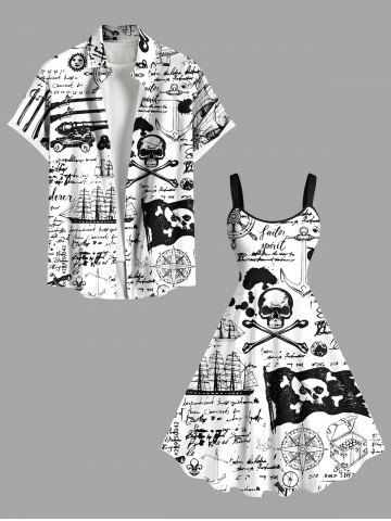 Ink Painting Skull Compass Rudder Letter Sailboat Cruise Print Plus Size Matching Hawaii Beach Outfit For Couples - WHITE