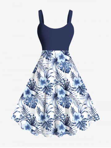 Plus Size Floral Tropical Leaves Print Hawaii A Line Tank Dress - BLUE - XXS