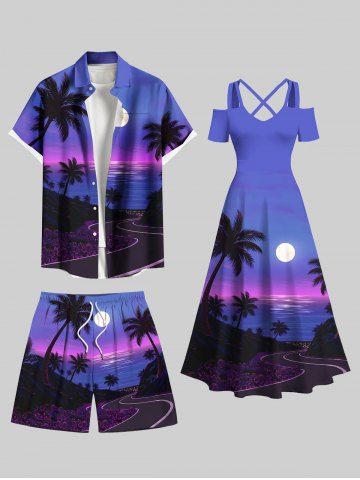 Short de Plage Transparent Ombré Imprimé Cocotier et Lune Grande Taille pour Couple - PURPLE