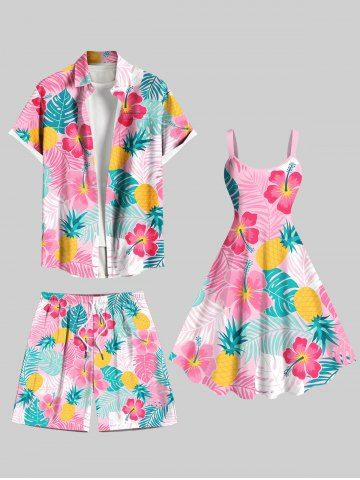 Tenue de Plage Feuille D'Ananas Fleur Imprimés de Grande Taille pour Couples - LIGHT PINK