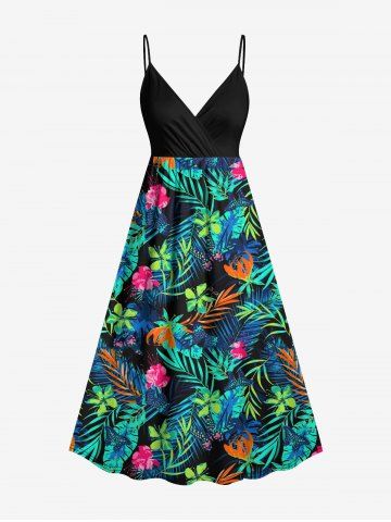 Plus Size Tropical Leaf Flowers Print Surplice Hawaii Cami Dress - BLACK - XXS
