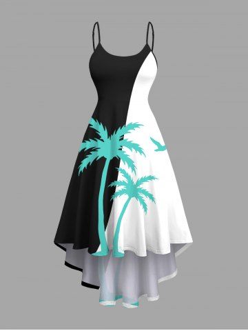 Plus Size Coconut Tree Colorblock Print High Low Hawaii Cami Dress - BLACK - XS