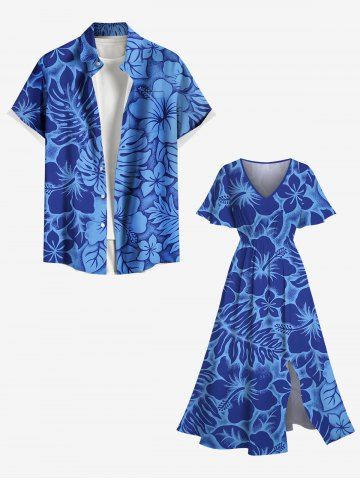 Hibiscus Flower Leaf Tropical Print Plus Size Matching Hawaii Beach Outfit For Couples - BLUE