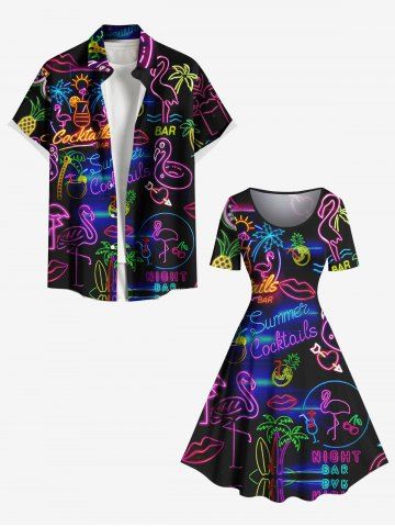 Short de Plage Hawaïen Flamant et Jus de Coco Imprimés de Grande Taille pour Couple - BLACK