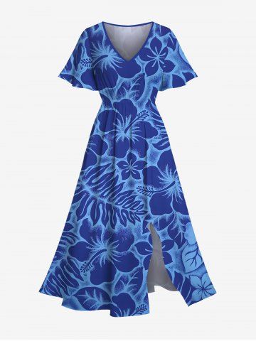 Plus Size Hibiscus Flower Leaf Tropical Print Split Hawaii Midi Dress - BLUE - L