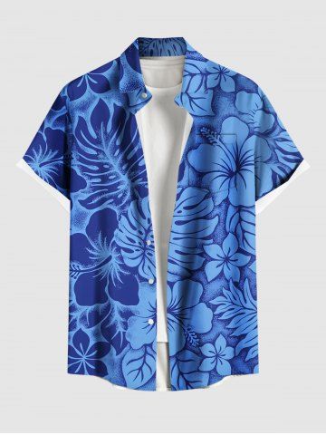 Chemise Décontractée Fleur Feuille D'Hibiscus et Feuille Tropicale Imprimés de Grande Taille avec Poche