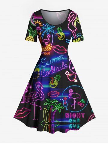 Plus Size Coconut Tree Flamingo Juice Sun Neon Print Vintage Hawaii Dress - BLACK - M