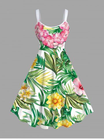 Plus Size Tropical Leaves Floral Wreath Print Hawaii A Line Tank Dress - GREEN - M