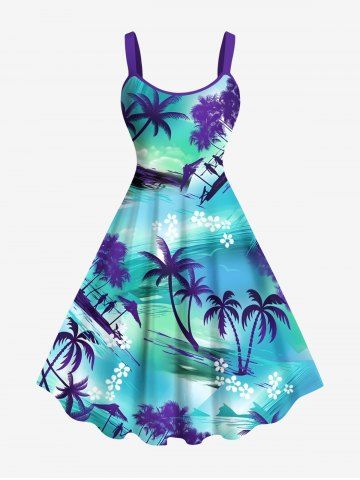 Plus Size Coconut Tree Floral Ombre Seascape Print Hawaii A Line Tank Dress - BLUE - 1X