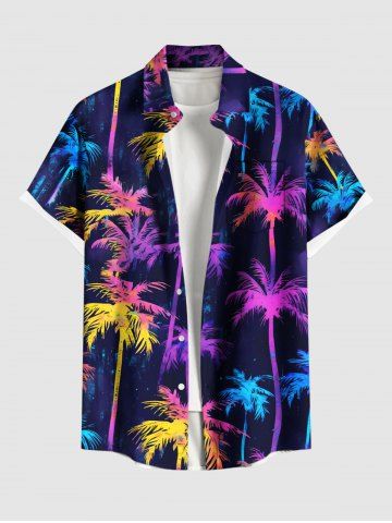 Plus Size Colorful Coconut Tree Print Hawaii Button Pocket Shirt For Men - BLACK - S