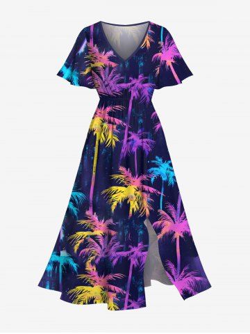 Plus Size Colorful Coconut Tree Print Hawaii Split Pocket A Line Midi Dress - PURPLE - M