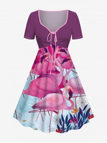 Plus Size Flamingo Floral Leaves Fish Print Hawaii Cinched A Line Dress - RED - 6X