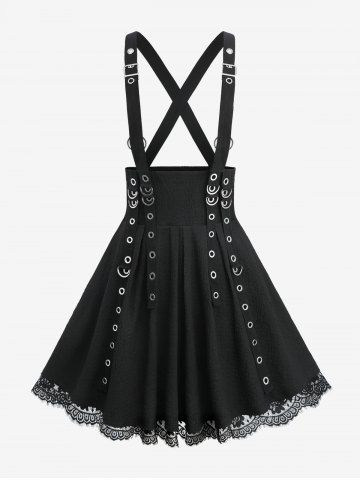 Buckle Grommet Strap Lace Trim Textured Crisscross Strappy Suspender A Line Skirt - BLACK - S