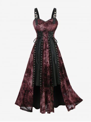 Flower Paisley Flocking Tie Dye Print Mesh Grommets Lace-up Ruchd Lace Trim Tank Dress - RED - XL