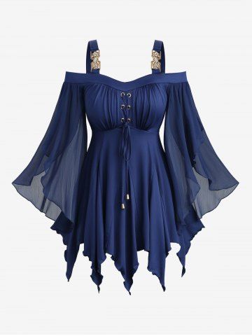 Ruched Grommets Lace Up Panel Asymmetrical Cold Shoulder Butterfly Sleeves Top - DEEP BLUE - XXXL