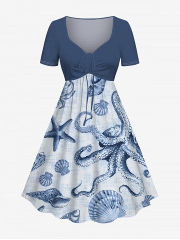 Plus Size Octopus Starfish Shell Crab Print Cinched Hawaii Dress - BLUE - 2X