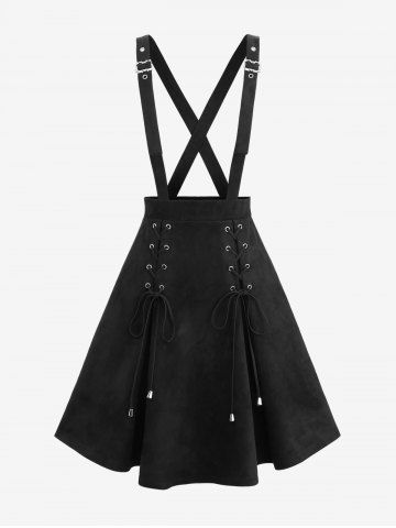 Lace Up Crisscross Strappy Buckle Grommet Solid A Line Skirt - BLACK - S