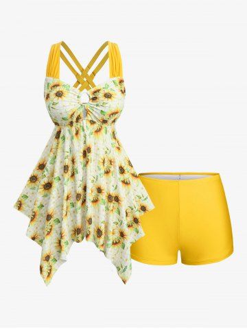 Maillot de bain tankini grande taille à carreaux tournesol, avec anneau et bretelles croisées, coupe shorty. - YELLOW - 2X | US 18-20