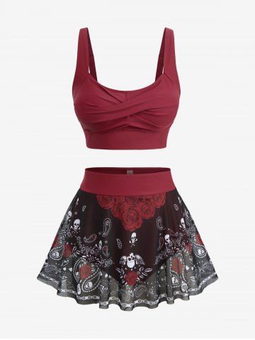 Plus Size Skull Rose Flower Paisley Print Twist Tankini Swimsuit (Adjustable Shoulder Strap) - RED - 4X | US 26-28