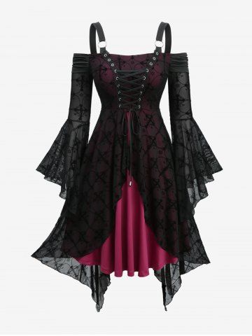 Cross Flocking Mesh Grommets Lace Up Flare Sleeves Cold Shoulder Dress - BLACK - M