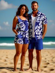 Tropical Flower Leaf Print Plus Size Matching Hawaii Beach Outfit For Couples -  