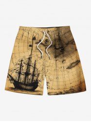 Plus Size Distressed Map Sailboat Cruise Print Hawaii Drawstring Beach Shorts For Men -  