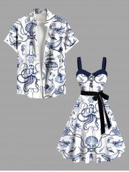 Octopus Shell Shark Sailboat Mermaid Coral Lighthouse Cruise Print Plus Size Matching Hawaii Beach Outfit For Couples -  