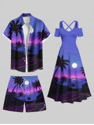 Coconut Tree Moon Sea Ombre Sky Print Plus Size Matching Hawaii Beach Outfit For Couples -  