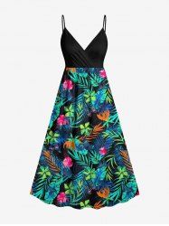 Plus Size Tropical Leaf Flowers Print Surplice Hawaii Cami Dress -  
