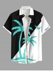Plus Size Coconut Tree Colorblock Print Buttons Pocket Hawaii Shirt For Men -  