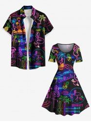 Coconut Tree Flamingo Juice Sun Neon Print Plus Size Matching Hawaii Beach Outfit For Couples -  