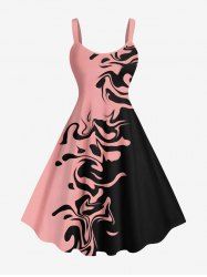 Robe Bretelle Bouclée Contrastée Imprimée en Blocs de Couleurs de Grande Taille - Rose clair XS