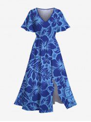Plus Size Hibiscus Flower Leaf Tropical Print Split Hawaii Midi Dress -  