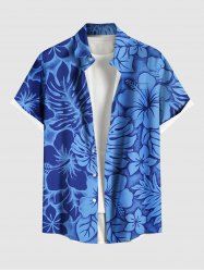 Chemise Décontractée Fleur Feuille D'Hibiscus et Feuille Tropicale Imprimés de Grande Taille avec Poche - Bleu Ciel 2XL