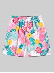 Plus Size Colorful Tropical Leaf Flowers Pineapple Print Hawaii Beach Shorts For Men -  