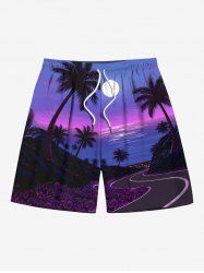 Short de Plage Imprimé Cocotiers Lune et Paysage Marin Grande Taille pour Hommes - Pourpre  L