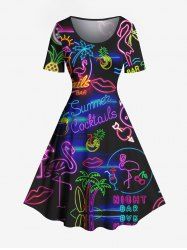 Robe Hawaïen Vintage Néon Flamant et Jus de Coco Imprimés de Grande Taille - Noir L