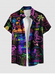 Chemise Néon Boutonnée Flamant et Arbre de Noix de Coco Imprimés avec Poche de Grande Taille pour Homme - Noir 3XL